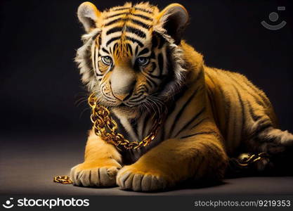 Portrait of a Tiger with Gold Chain on Black Background. Generative AI
