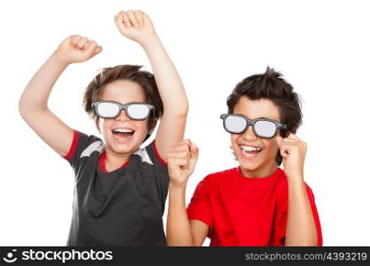 Portrait of a two happy boys wearing 3D glasses watching comedy movie and laughing, isolated on white background, cheerful friends enjoying good cinema