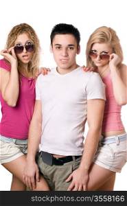 Portrait of a two sensual blonde women with handsome young man