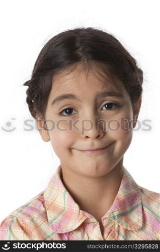Portrait of a very disappointed little girl on white background