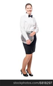 portrait of a waitress with a tray full length on white background