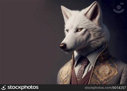 Portrait of a white wolf dressed in a formal business suit, boss, generative ai