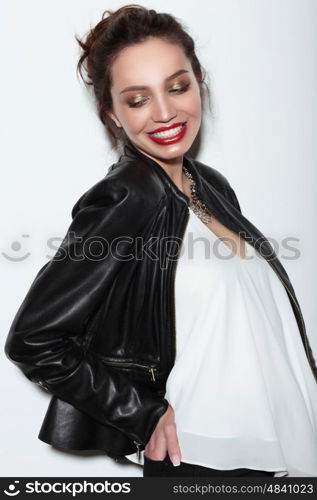 Portrait of a woman. Fashion, smile, happiness. Red lips.