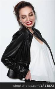 Portrait of a woman. Fashion, smile, happiness. Red lips.
