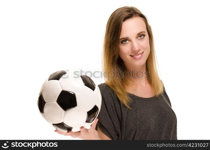 portrait of a woman holding a soccer ball. portrait of a woman holding a soccer ball on white background
