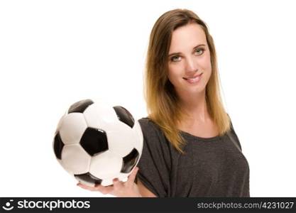 portrait of a woman holding a soccer ball. portrait of a woman holding a soccer ball on white background