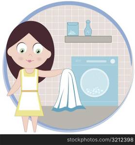 Portrait of a woman holding a towel in front of a washing machine