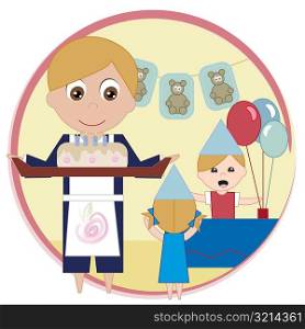 Portrait of a woman holding a tray with a birthday cake with her children in the background