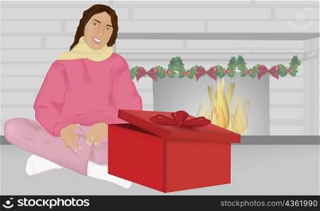 Portrait of a woman sitting behind an unwrapped Christmas present