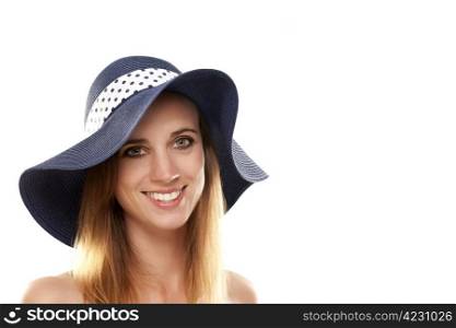 portrait of a woman wearing a summer hat. portrait of a woman wearing a summer hat on white background