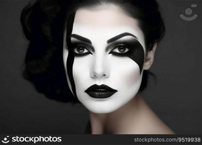 Portrait of a woman with a black and white makeup separating the face created with generative AI technology