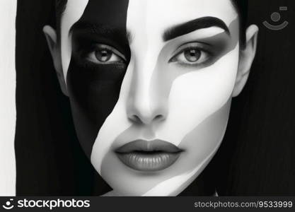Portrait of a woman with a black and white makeup separating the face created with generative AI technology