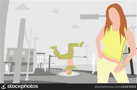 Portrait of a woman with a man break dancing behind her