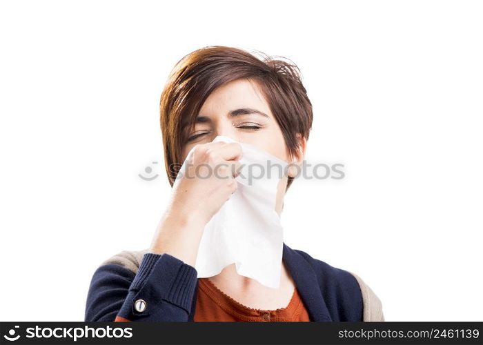 Portrait of a woman with flu, isolated over a white background