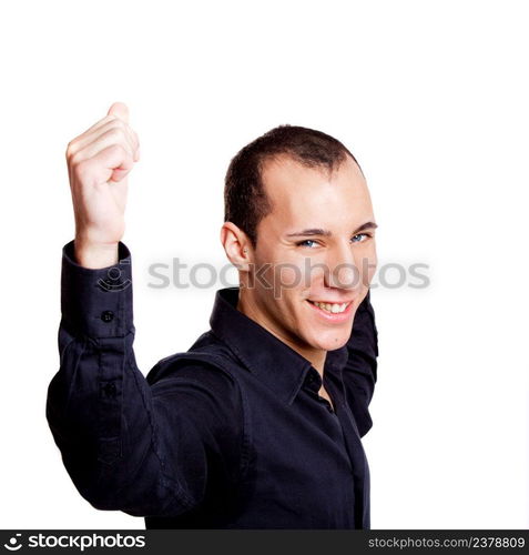 Portrait of a young and happy businessman, isolated on white background