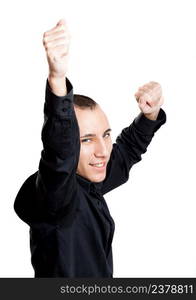 Portrait of a young and happy businessman, isolated on white background