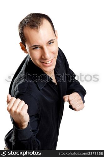 Portrait of a young and happy businessman, isolated on white background