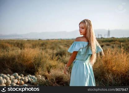 portrait of a young beautiful caucasian blonde girl in a light blue dress standing on a watermelon field with sun-dried grass during sunset