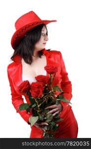 Portrait of a young beautiful woman in the red suit, hat and red roses on the white background