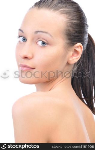 portrait of a young beautiful woman looking at camera, isolated on white background