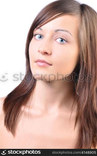 portrait of a young beautiful woman with long hair looking at camera; isolated on white background