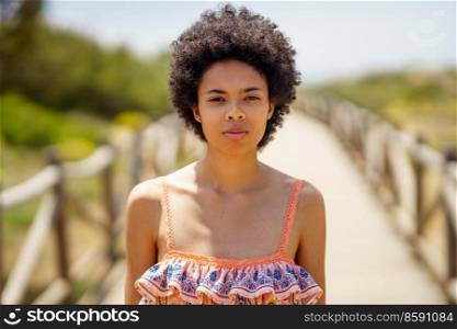 Portrait of a young black woman, with afro hair, on a wooden path on the dunes of a tropical beach full of vegetation.. Young black woman, with afro hair, on a wooden path on the dunes of a tropical beach.