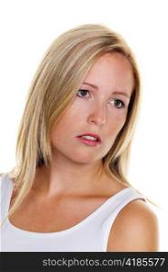 portrait of a young blond woman with freckles on a white background