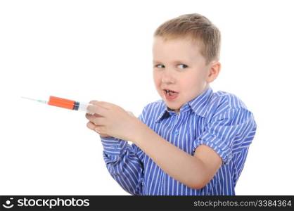 Portrait of a young boy with a syringe. Isolated on white background