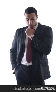 Portrait of a young business man looking depressed from work isolated over white background in studio