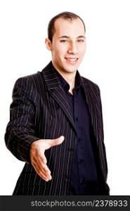 Portrait of a young businessman giving a handshake, isolated on white background