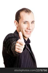 Portrait of a young businessman showing thumbs up, isolated on white background