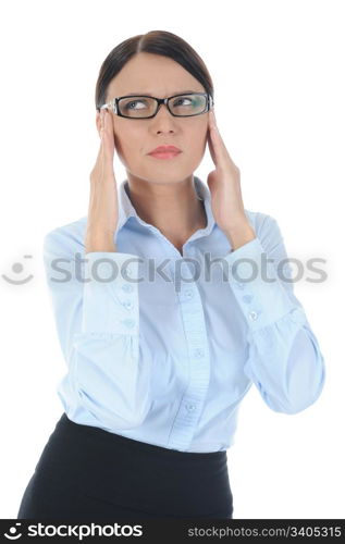 Portrait of a young businesswoman experiencing a headache. Isolated on white background