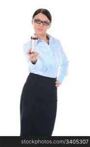 Portrait of a young businesswoman with an hourglass in his hand. Isolated on white background
