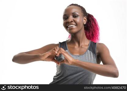 Portrait of a young cheerful african sport woman isolated on white background