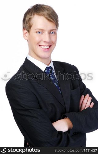 Portrait of a young cheerful businessman on a white background