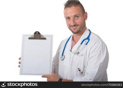 portrait of a young doctor showing a clipboard on white background