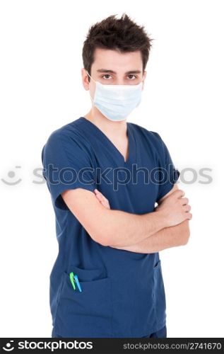 portrait of a young doctor wearing mask (folded arms) isolated on white background