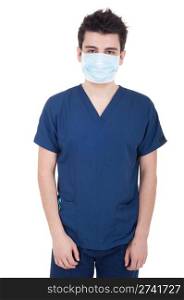 portrait of a young doctor wearing mask isolated on white background