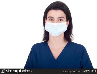 portrait of a young female doctor wearing mask isolated on white background
