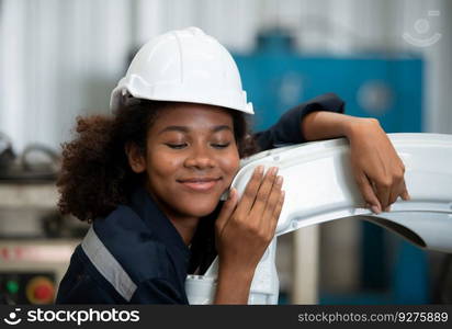 Portrait of a young female engineer in the welding robot industry, posed like a top model.