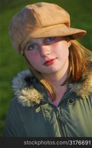 Portrait of a young girl in a hat, evening sun