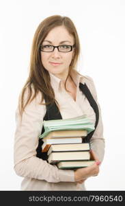 Portrait of a young girl of twenty-five teachers or office specialist. Teacher with books and notebooks