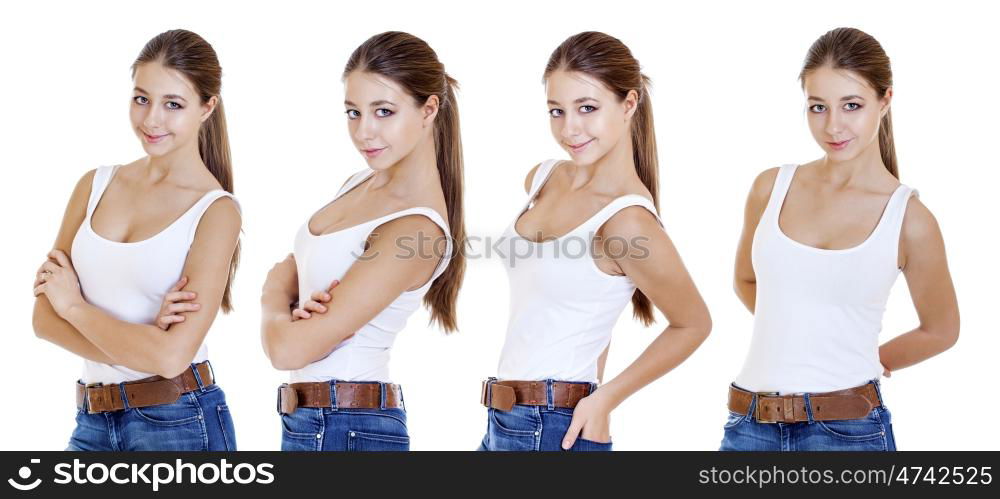 Portrait of a young girl teenager in blue jeans, isolated on white background