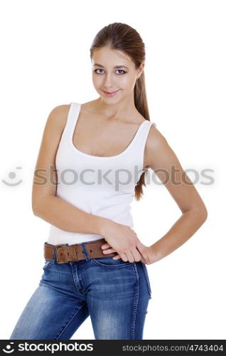 Portrait of a young girl teenager in blue jeans, isolated on white background