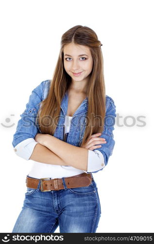 Portrait of a young girl teenager in jeans jacket and blue jeans, isolated on white background