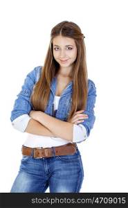 Portrait of a young girl teenager in jeans jacket and blue jeans, isolated on white background