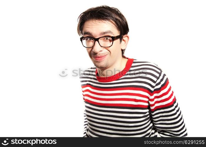 portrait of a young guy with glasses on white background