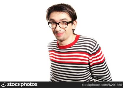 portrait of a young guy with glasses on white background