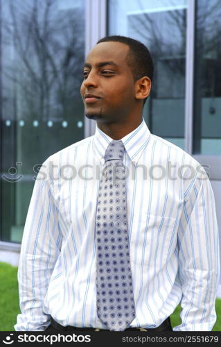 Portrait of a young handsome businessman next to a corporate building