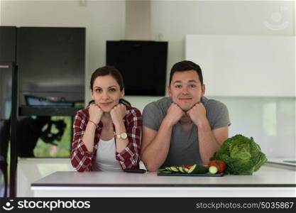 portrait of a young handsome couple in modern kitchen